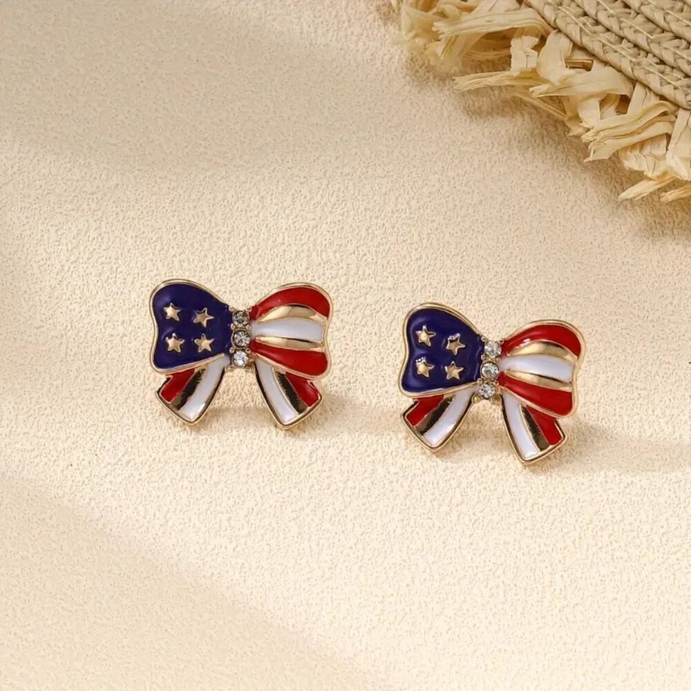 NEW Coquette Bow American Flag Stud Earrings with Rhinestone Accents Jewelry